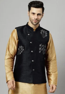 Embroidered Dupion Silk Nehru Jacket in Black