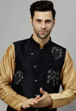 Embroidered Dupion Silk Nehru Jacket in Black