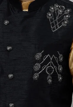Embroidered Dupion Silk Nehru Jacket in Black