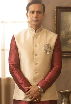 Embroidered Dupion Silk Nehru Jacket in Light Beige