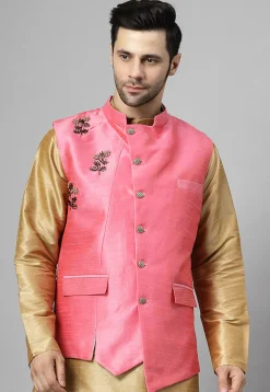 Embroidered Dupion Silk Nehru Jacket in Pink