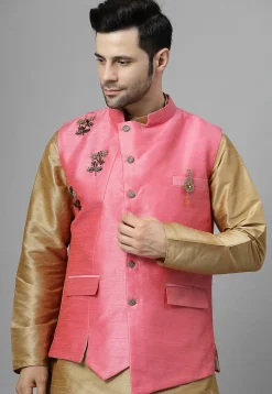 Embroidered Dupion Silk Nehru Jacket in Pink