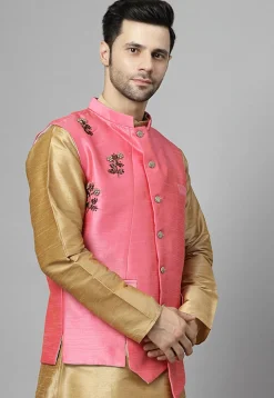 Embroidered Dupion Silk Nehru Jacket in Pink