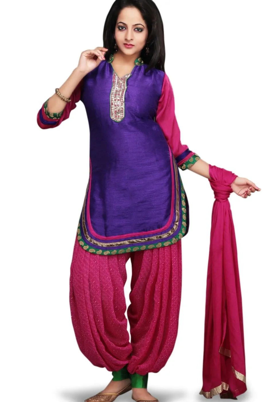 Embroidered Dupion Silk Punjabi Suit in Purple and Pink