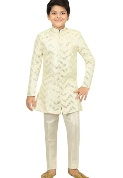 Embroidered Dupion Silk Sherwani in Cream