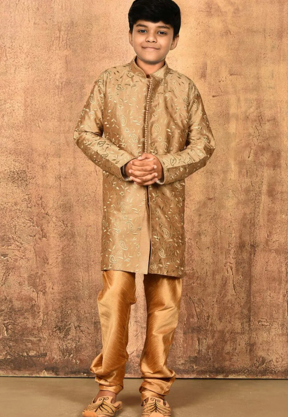 Embroidered Dupion Silk Sherwani Set in Dark Beige