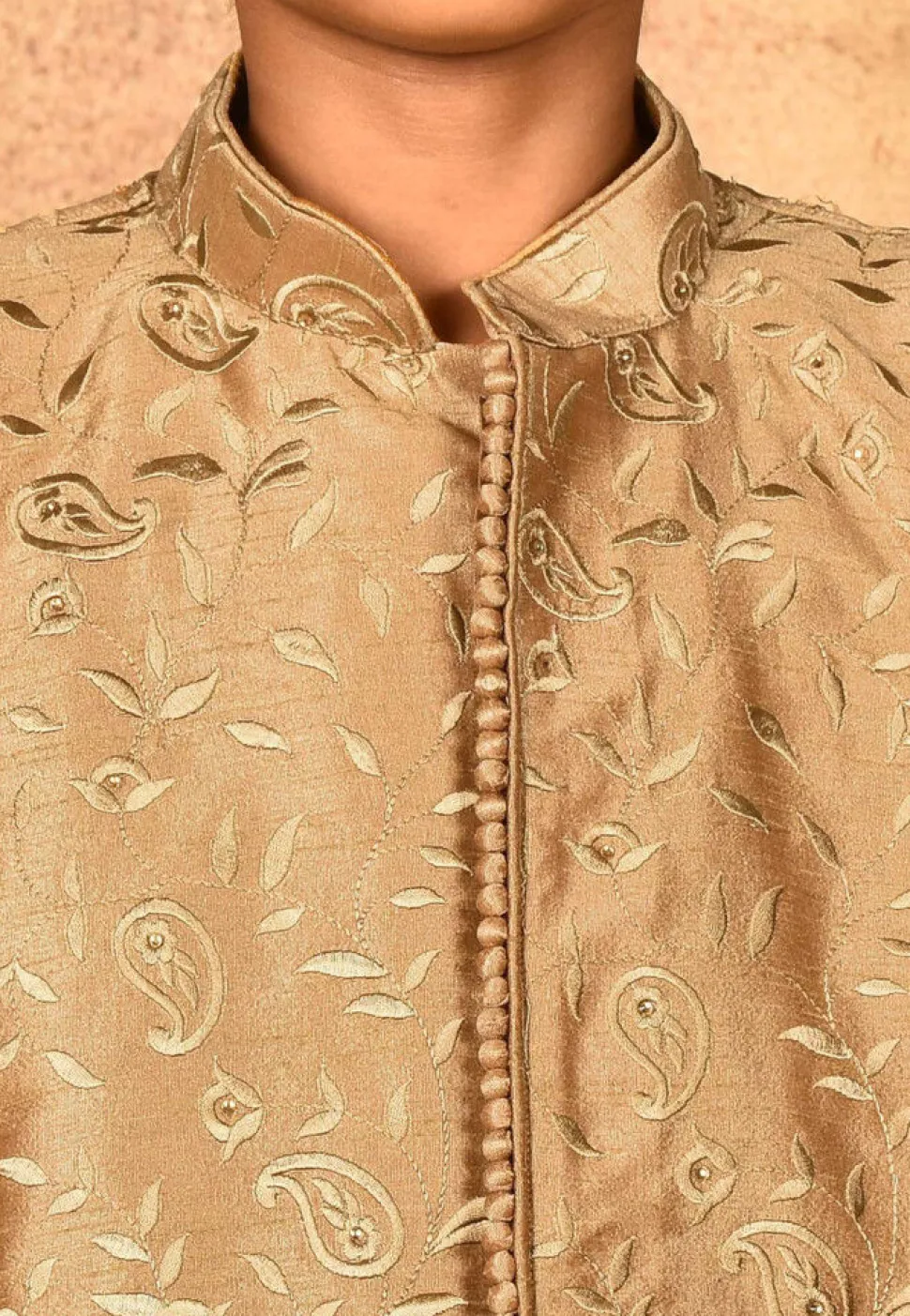 Embroidered Dupion Silk Sherwani Set in Dark Beige