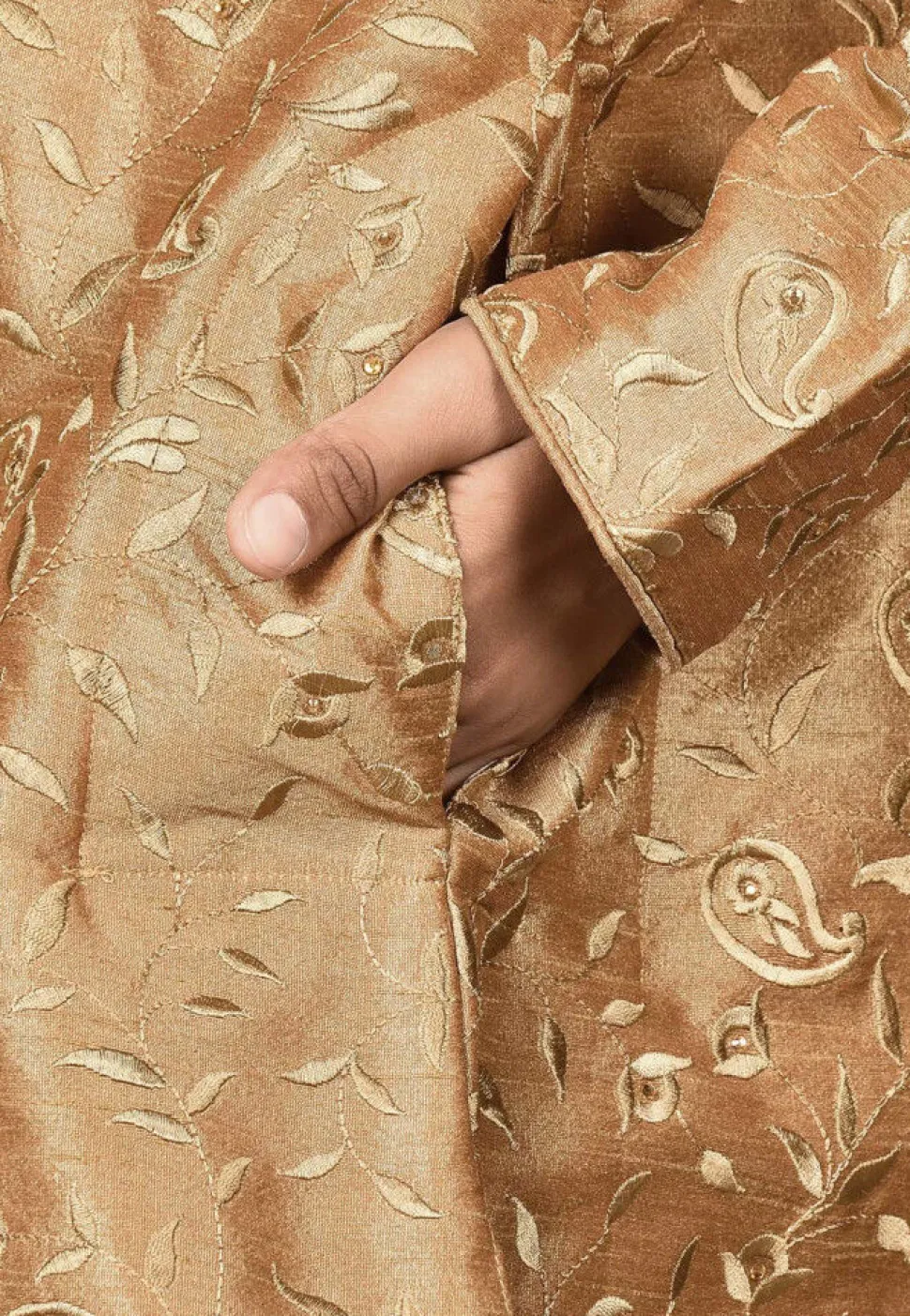 Embroidered Dupion Silk Sherwani Set in Dark Beige