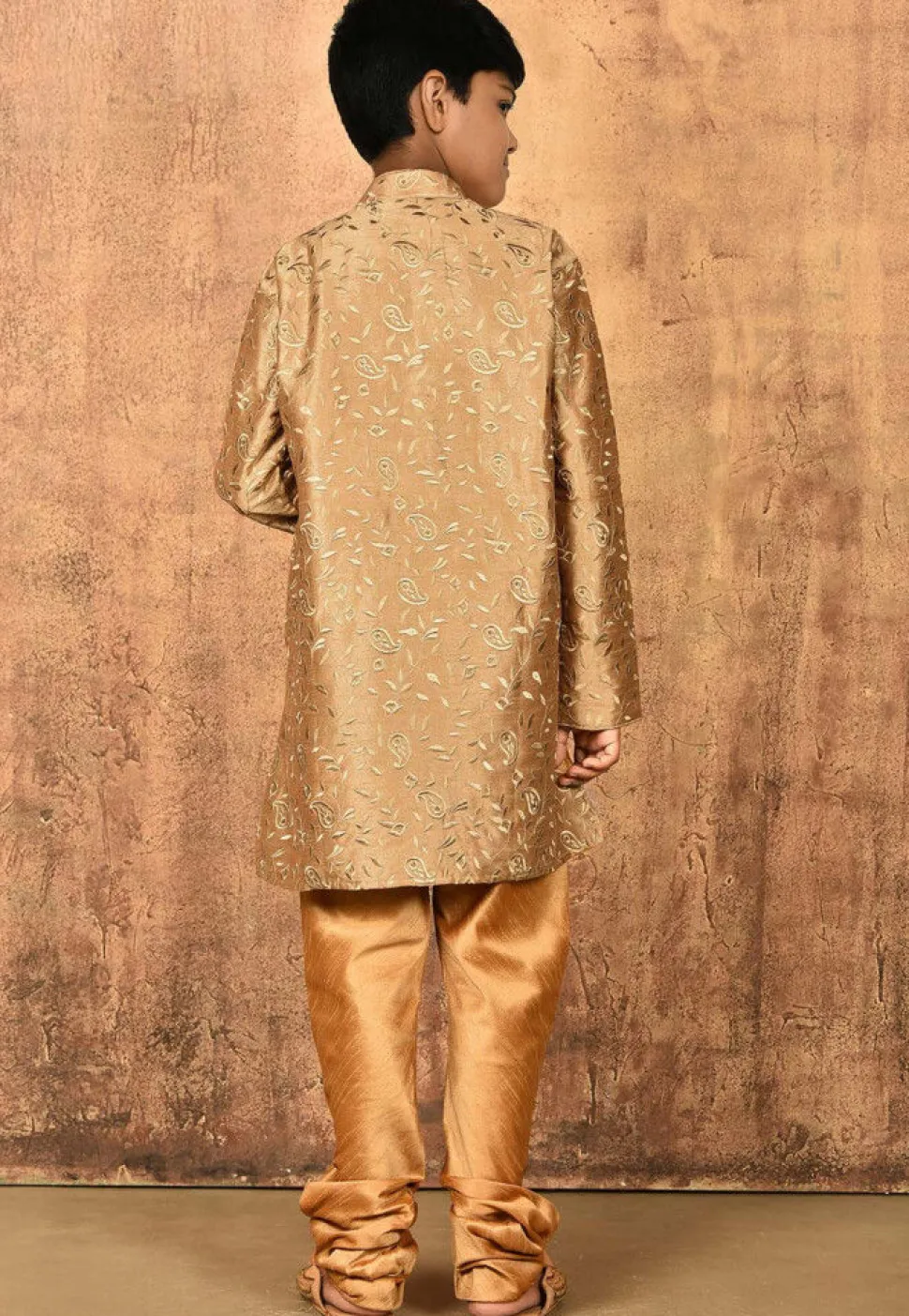 Embroidered Dupion Silk Sherwani Set in Dark Beige