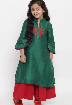 Embroidered Dupion Silk Straight Kurta Set in Dark Green