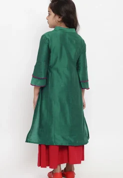 Embroidered Dupion Silk Straight Kurta Set in Dark Green