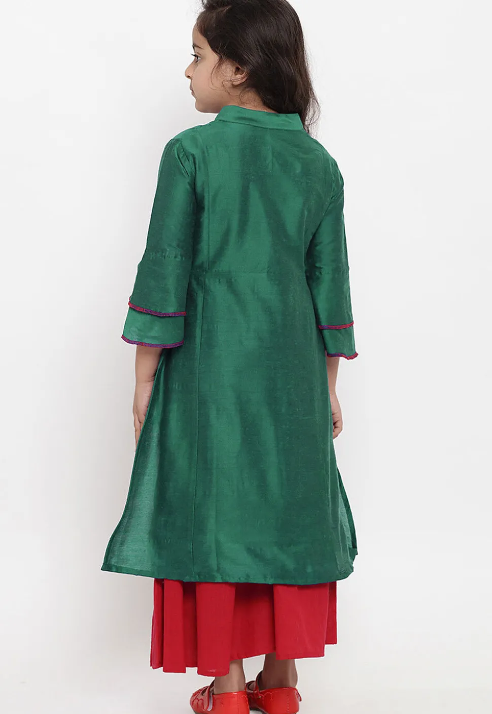 Embroidered Dupion Silk Straight Kurta Set in Dark Green