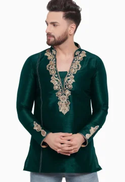 Embroidered Dupion Silk Short Kurta in Dark Teal Green