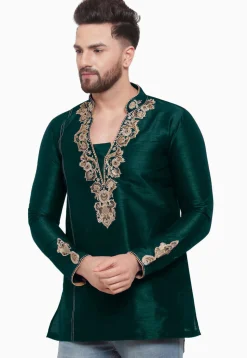 Embroidered Dupion Silk Short Kurta in Dark Teal Green