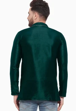 Embroidered Dupion Silk Short Kurta in Dark Teal Green