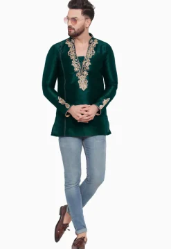 Embroidered Dupion Silk Short Kurta in Dark Teal Green