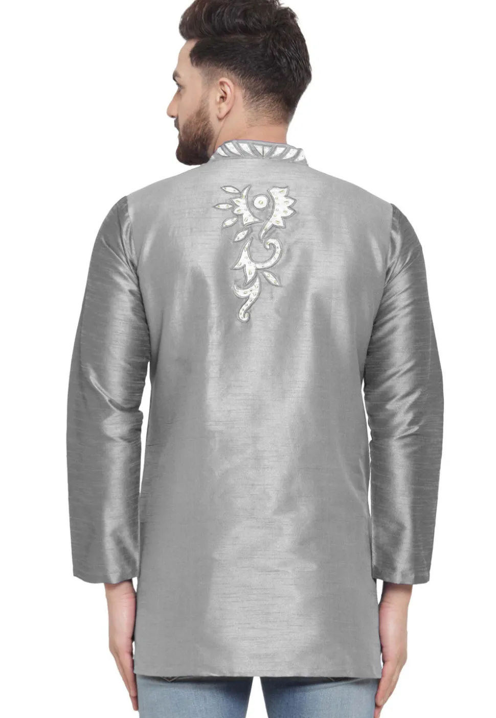Embroidered Dupion Silk Short Kurta in Grey