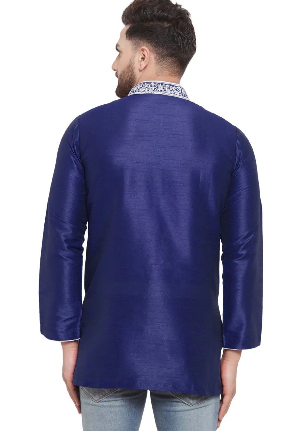 Embroidered Dupion Silk Short Kurta in Navy Blue