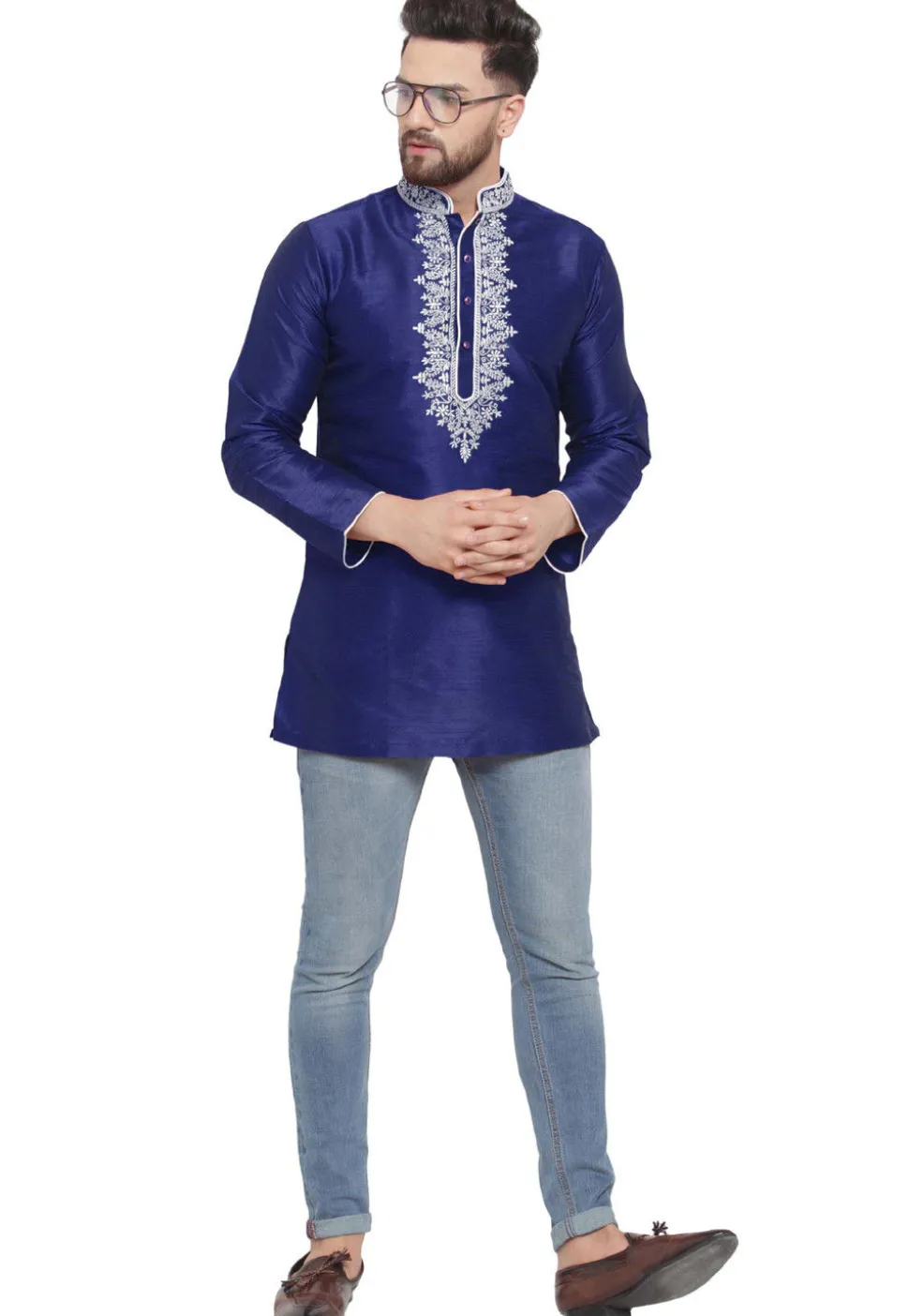Embroidered Dupion Silk Short Kurta in Navy Blue