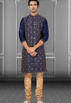 Embroidered Dupion Silk Sherwani in Navy Blue