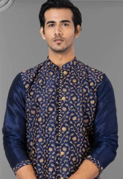 Embroidered Dupion Silk Sherwani in Navy Blue