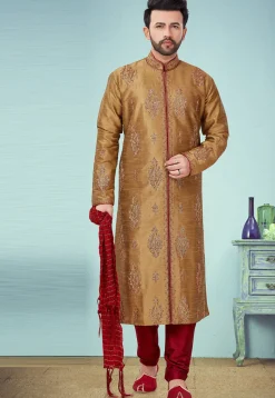 Embroidered Dupion Silk Sherwani in Beige