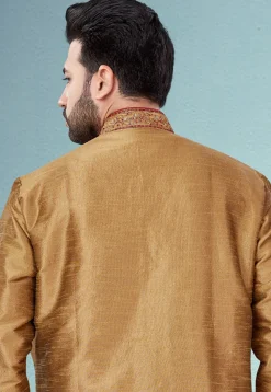 Embroidered Dupion Silk Sherwani in Beige