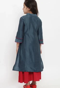 Embroidered Dupion Silk Straight Kurta Set in Dark Grey