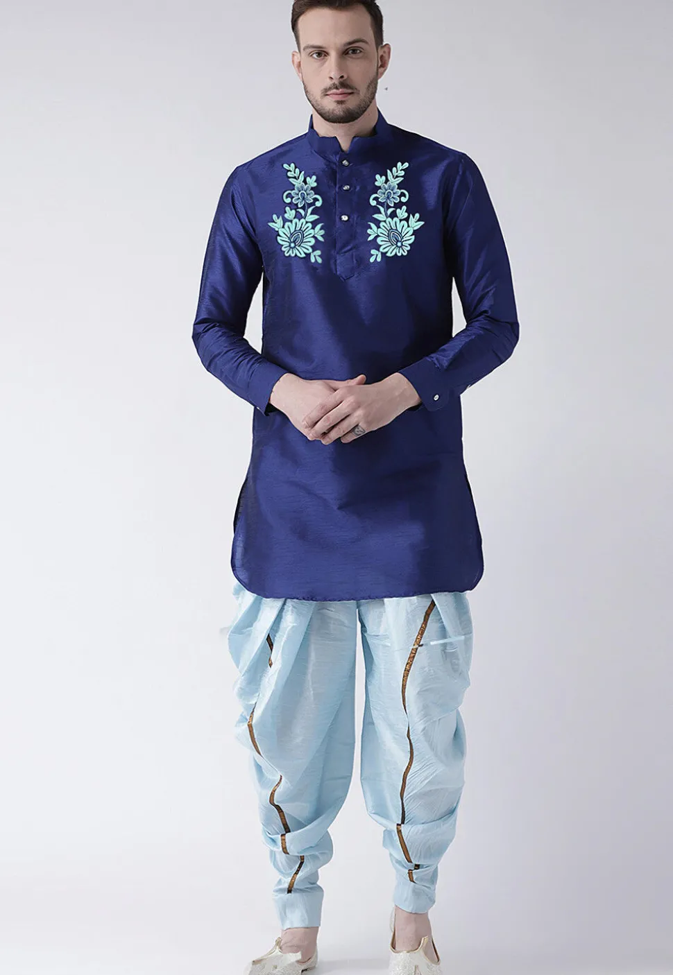 Embroidered Dupion Silk Short Kurta Set in Navy Blue