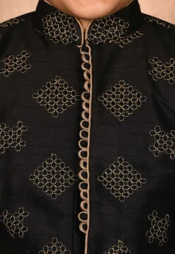 Embroidered Dupion Silk Sherwani Set in Black