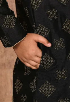 Embroidered Dupion Silk Sherwani Set in Black