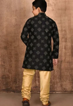Embroidered Dupion Silk Sherwani Set in Black
