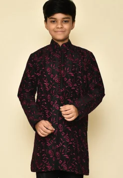 Embroidered Dupion Silk Sherwani in Black