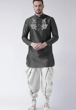 Embroidered Dupion Silk Short Kurta Set in Charcoal Black