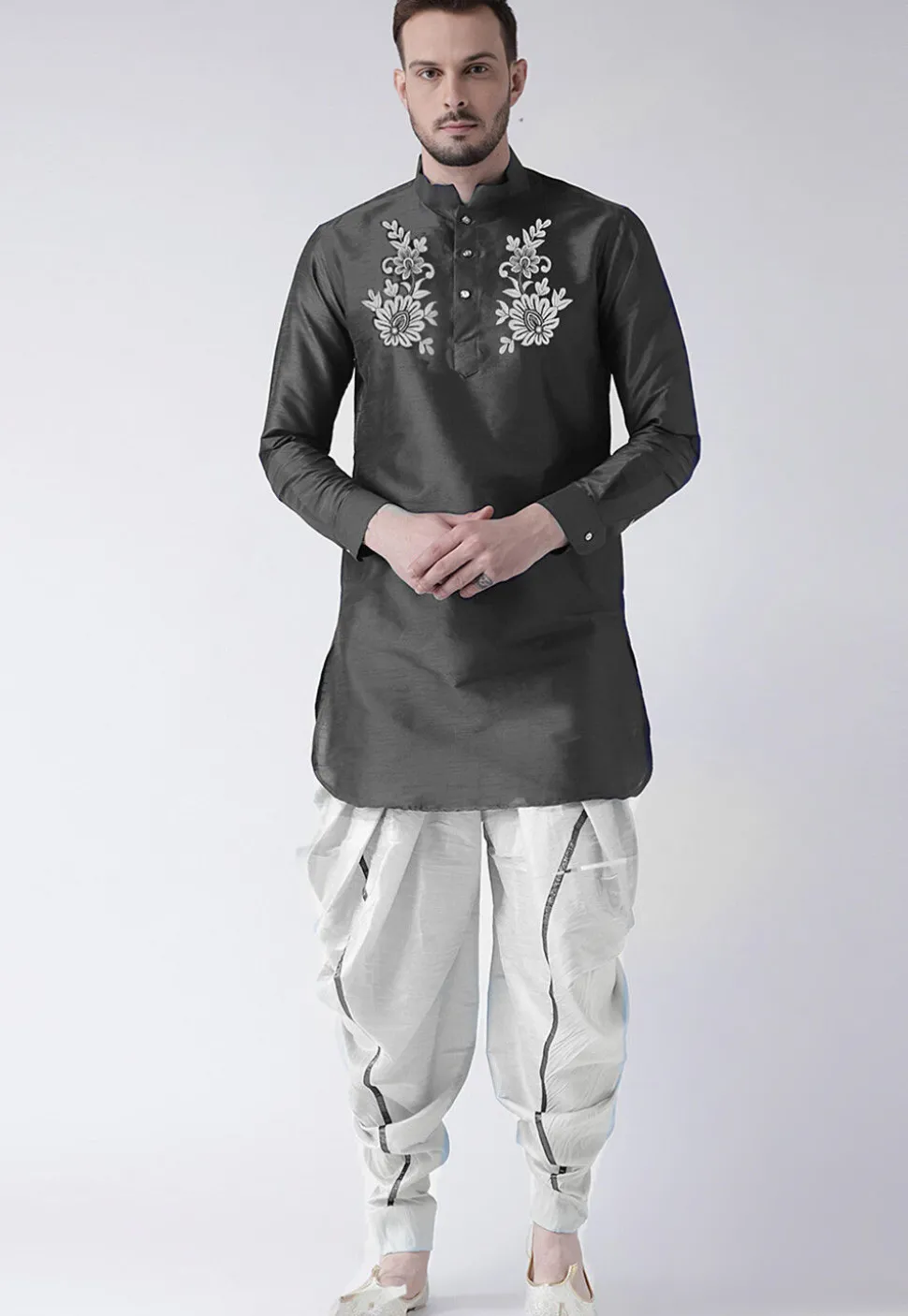 Embroidered Dupion Silk Short Kurta Set in Charcoal Black