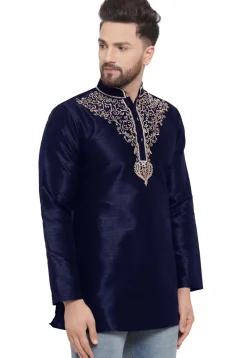 Embroidered Dupion Silk Short Kurta in Navy Blue