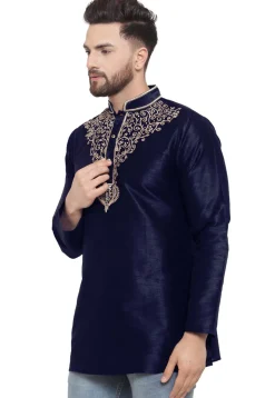 Embroidered Dupion Silk Short Kurta in Navy Blue