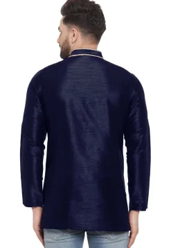 Embroidered Dupion Silk Short Kurta in Navy Blue
