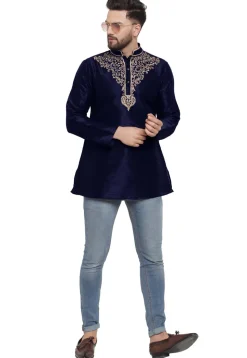 Embroidered Dupion Silk Short Kurta in Navy Blue