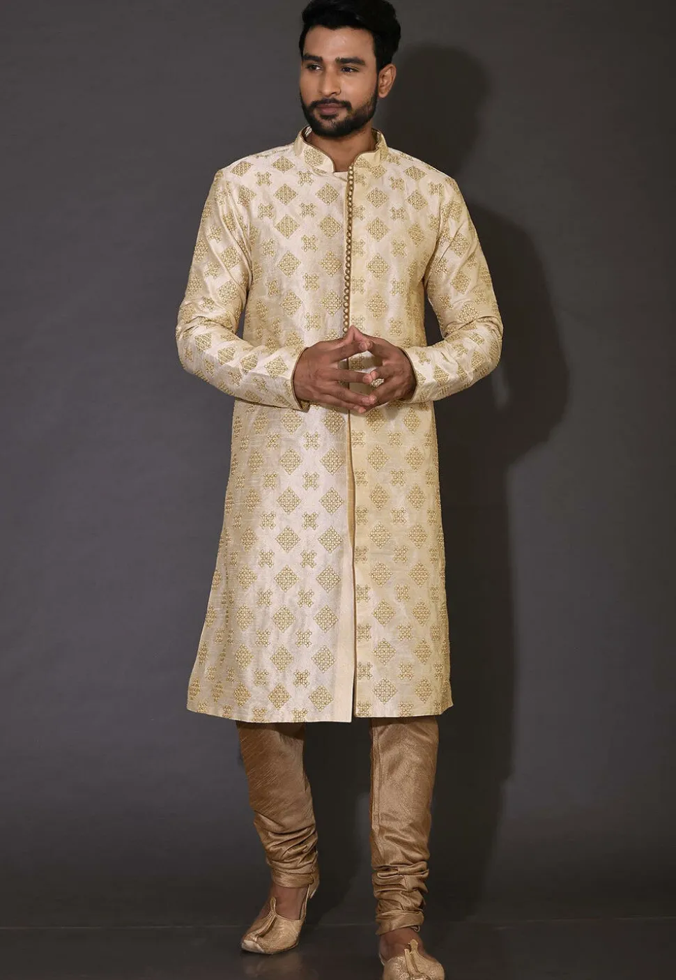 Embroidered Dupion Silk Sherwani in Beige
