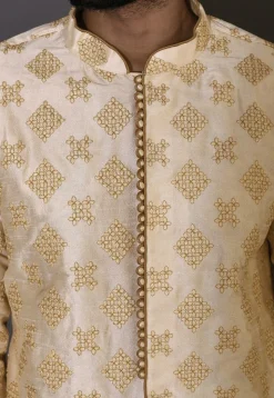 Embroidered Dupion Silk Sherwani in Beige