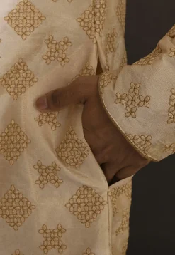 Embroidered Dupion Silk Sherwani in Beige