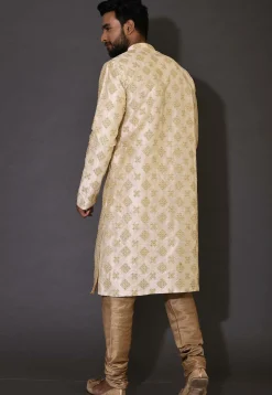 Embroidered Dupion Silk Sherwani in Beige