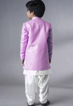 Embroidered Dupion Silk Sherwani Set in Off White and Pink