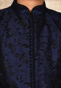 Embroidered Dupion Silk Sherwani in Navy Blue