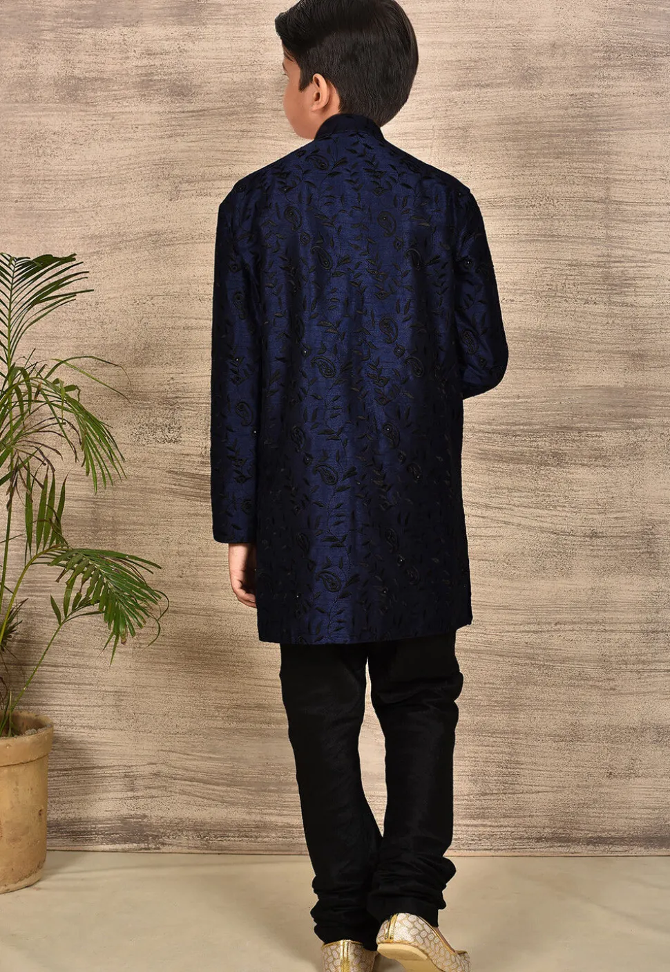 Embroidered Dupion Silk Sherwani in Navy Blue