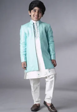 Embroidered Dupion Silk Sherwani Set in Off White