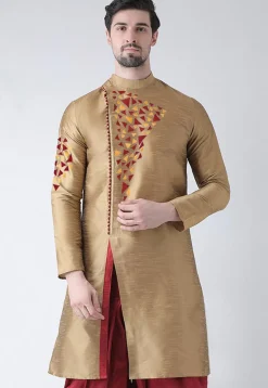 Embroidered Dupion Silk Side Slit Kurta in Dark Beige