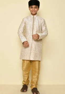 Embroidered Dupion Silk Sherwani Set in Cream