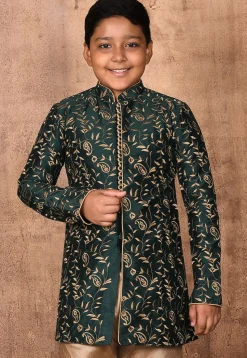 Embroidered Dupion Silk Sherwani in Dark Green
